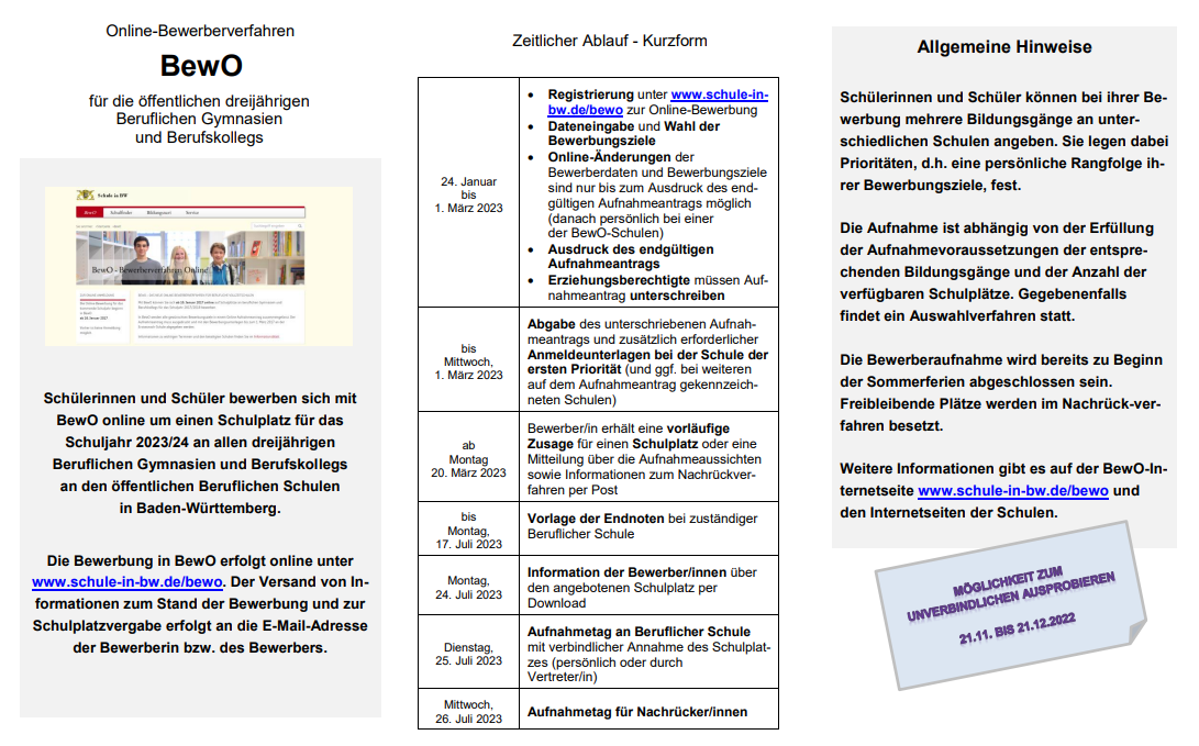 Link zur Online-Bewerbung für die Beruflichen Gymnasien und Berufskollegs in BW